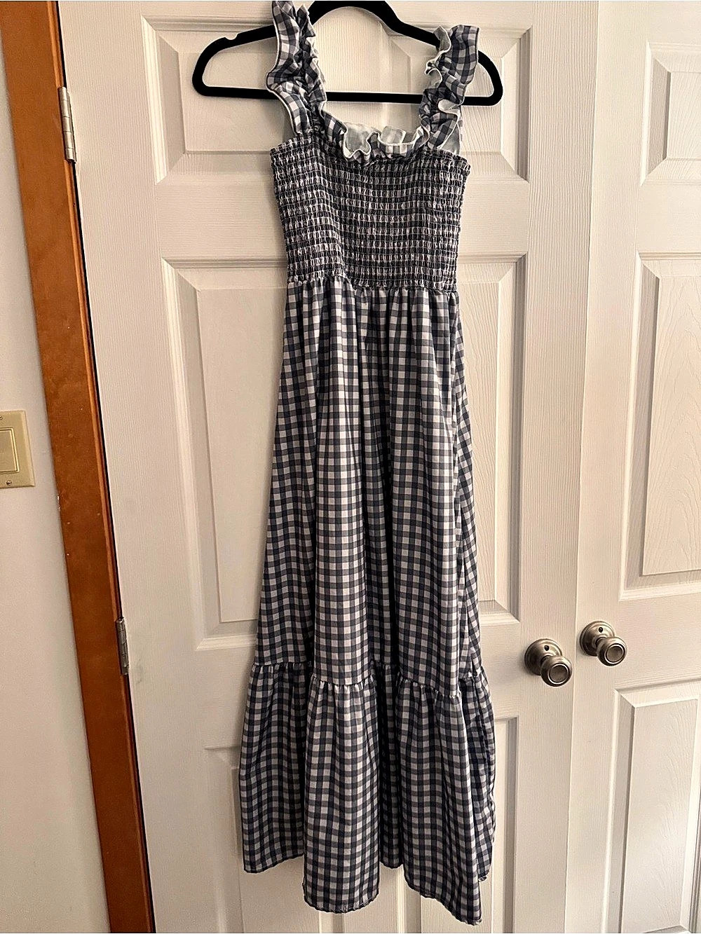 Gingham Smocked Maxi Dress in Gray & White Like New - Picture 2 of 3